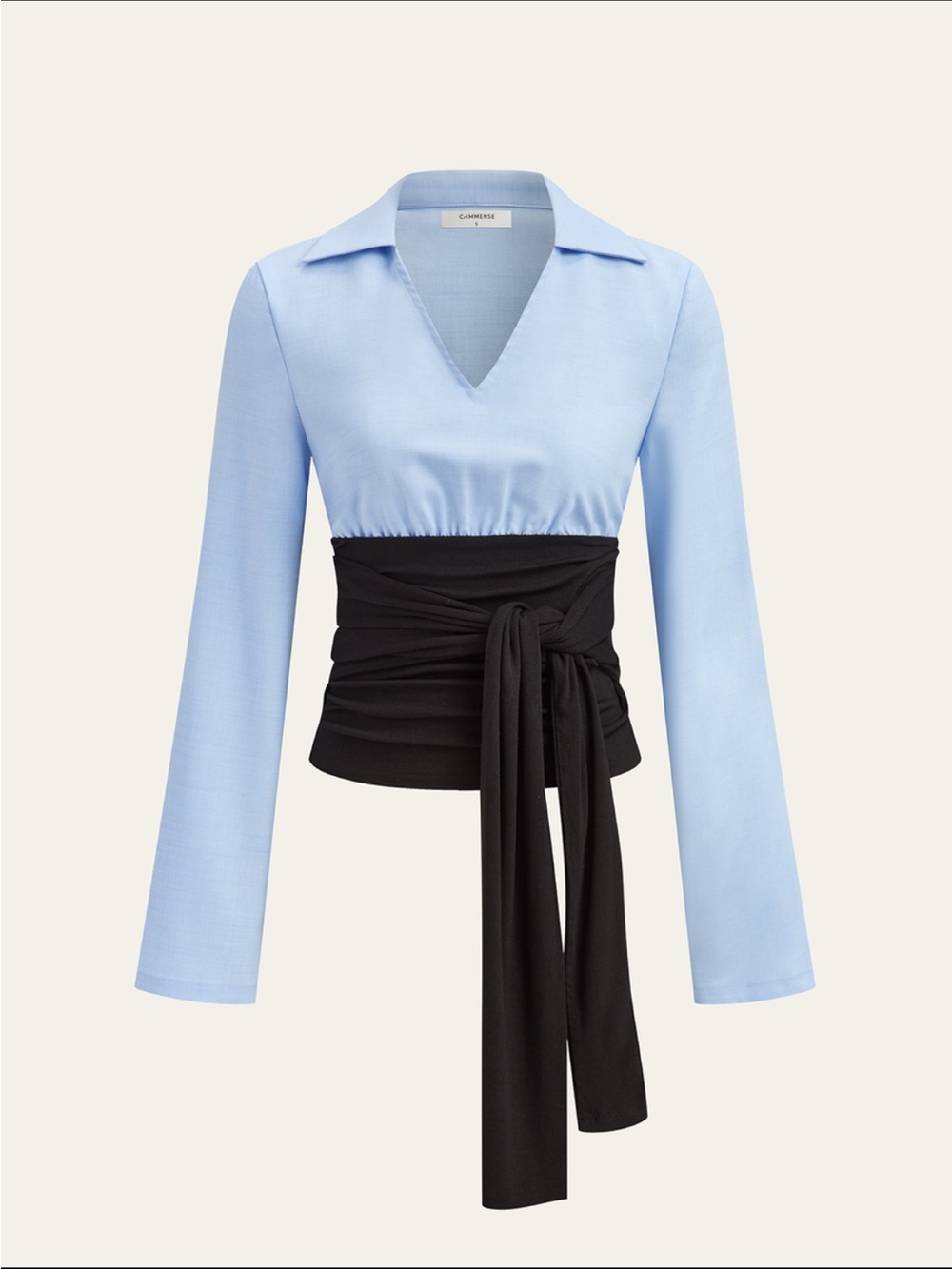 Commense Light Blue V-Neck Blouse with Black Wrap Waistband
